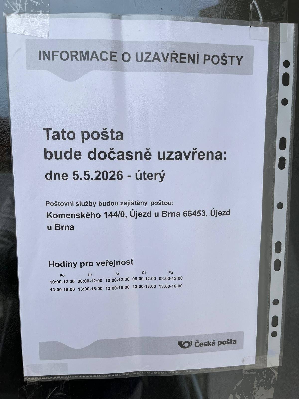 V úterý 5. května  2026 bude z technickýcjh důvodů dočasně uzavřena pobočka Pošty Partner v Telnici.