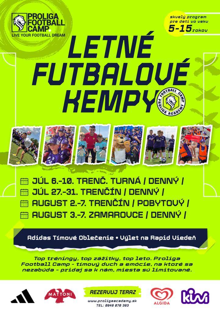 Proliga organizuje program Football Camp pre mladých vo veku 5 rokov. Akcia sa uskutoční v Trenčíne a Zamarovciach od 6. do 10. júla a od 27. do 31. júla, ako aj od 2. do 7. augusta.