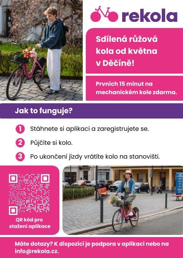 Od dnešního dne si můžete po celém Děčíně půjčit jedno ze 130 kol – 110 klasických a 20 elektrokol. Prvních 15 minut jízdy na mechanickém kole je zdarma, poté zaplatíte za každou další půlhodinu 25 korun.  Když si budete půjčovat kolo, stáhnete si a poté otevřete aplikaci Rekola. Poté si vybrete kolo a vyrazíte. Stanoviště najdete na více než 40 místech po městě, kola jsou umístěna například přímo před magistrátem či u knihovny.  Vyzkoušejte nový způsob, jak se rychle a pohodlně pohybovat po Děčíně.