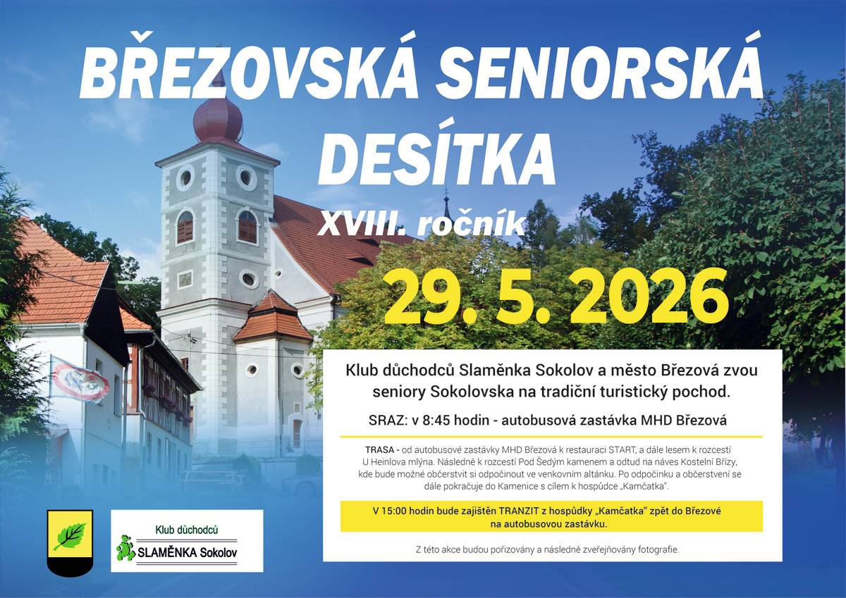 Klub důchodců Slaměnka Sokolov a Město Březová srdečně zvou seniory Sokolovska na XVIII. ročník tradičního turistického pochodu BŘEZOVSKÁ SENIORSKÁ DESÍTKA, který se uskuteční dne 29. května 2026. Sraz je v 8:45 hodin u autobusové zastávky MHD Březová. Trasa pochodu je dlouhá 10 km.