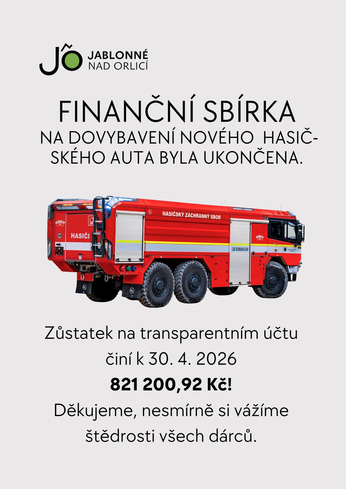 Vážení Jabloňáci,  jak už jsme avizovali, sbírka na dovybavení nového hasičského auta skončila 30. dubna. Na transparentní účet bylo připsáno celkem 821.200,92 Kč. Děkujeme, nesmírně si vážíme štědrosti všech dárců. A srdečně Vás spolu s jablonským sborem dobrovolných hasičů zveme na slavnostní předání vozidla 9. května 2026 od 15 hodin na náměstí.