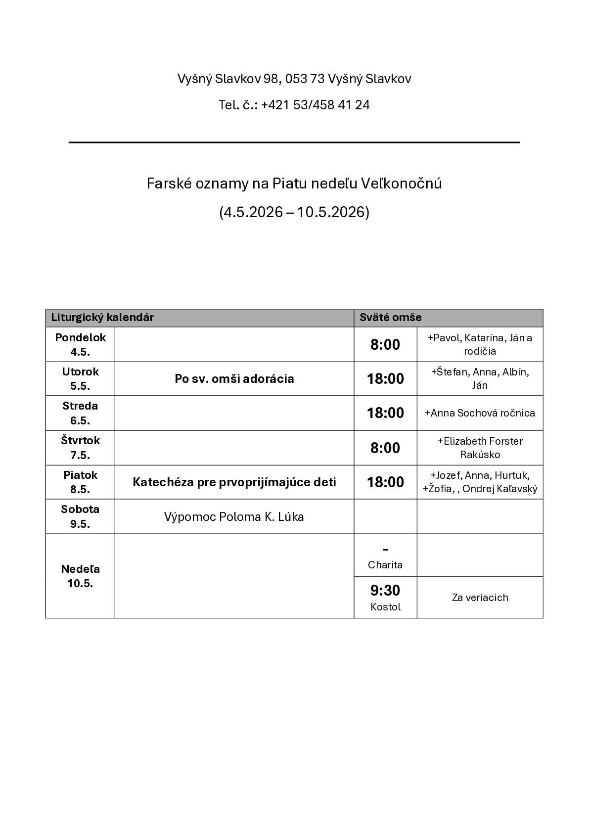 Farské oznamy na 19. týždeň
