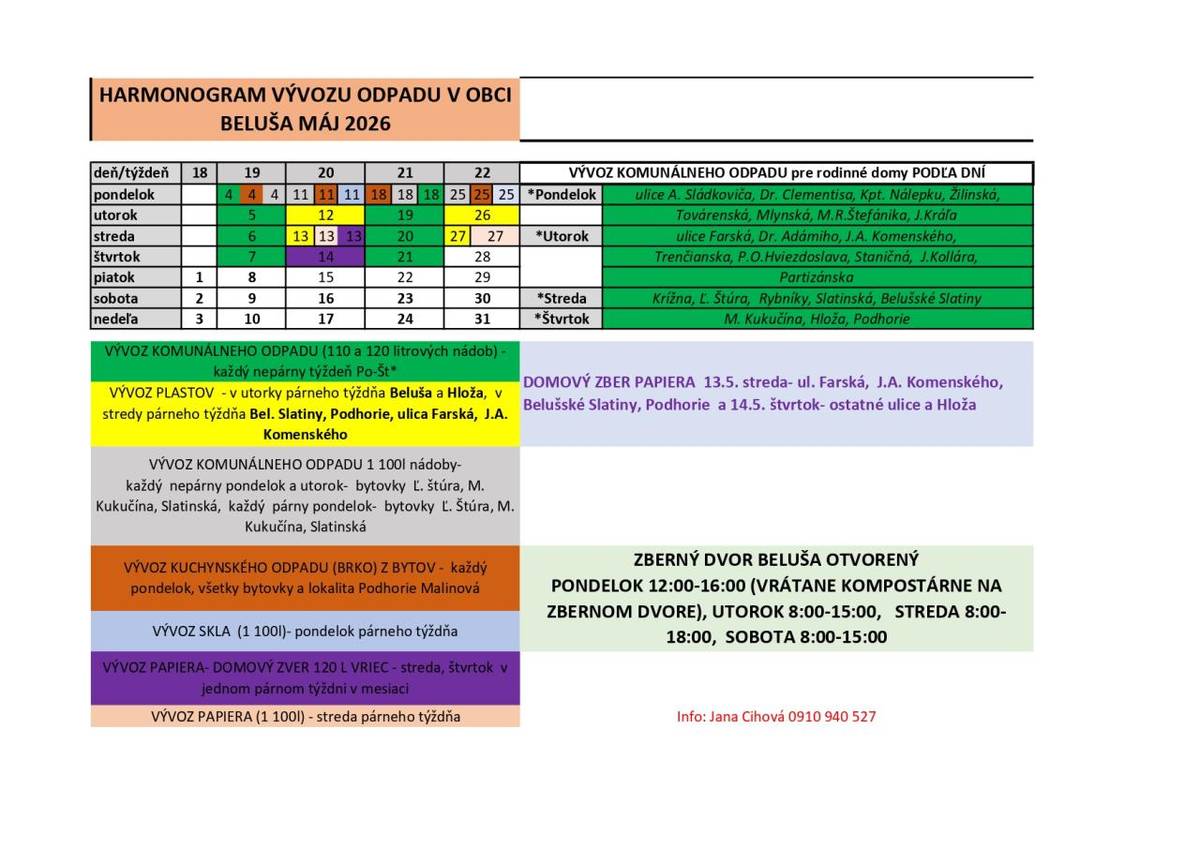 Prinášame vám májový harmonogram vývozu smetí. Domový zber papiera bude v dňoch 13.-14. mája.