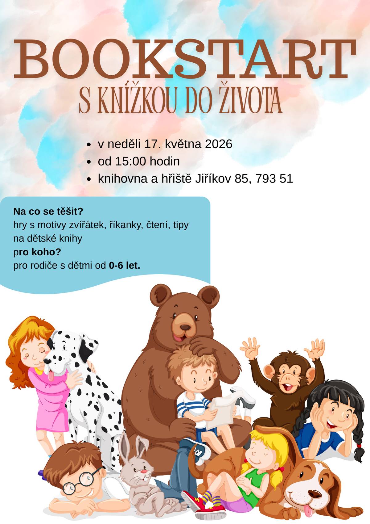 Další zábavné setkání s knížkami pro děti do 6 let a jejich rodiče se koná v neděli 17. května od 15:00hod. v místní knihovně v Jiříkově. Čekají na vás zábavné hry, říkanky, tipy na čtení a hlavně fajn atmosféra. A protože tentokrát využijeme i hřiště před knihovnou, nezapomeňte se obléci spíše sportovně! Na všechny malé i větší čtenáře se moc těšíme.