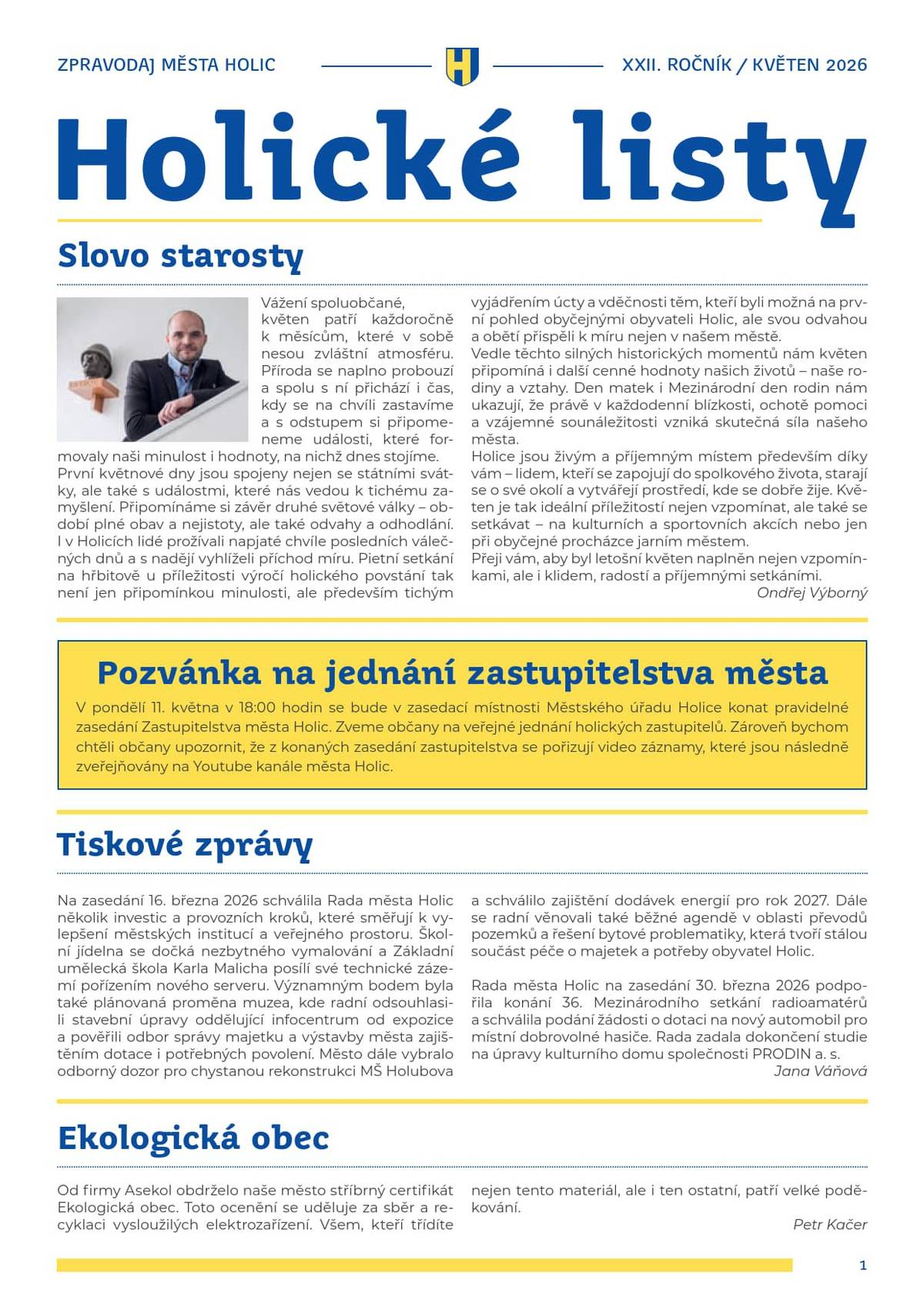 Vážení spoluobčané, zasíláme vám květnové vydání Holických listů.