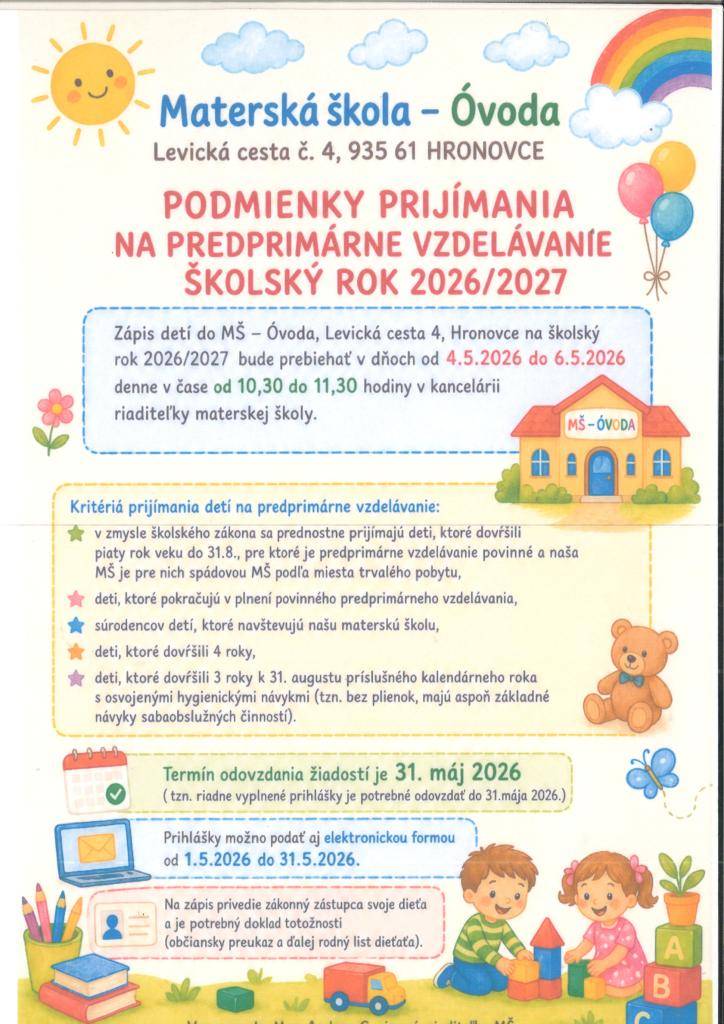 Riaditeľka MŠ – Óvoda Hronovce oznamuje rodičom, že zápis detí do materskej školy na školský rok 2026/2027 bude prebiehať v dňoch od 04.05.2026 do 06.05.2026 denne od 10:30 hod. do 11:30 hod. v kancelárii riaditeľky materskej školy. A helyi óvoda igazgatósága értesíti a szuloket, hogy a gyermekek be