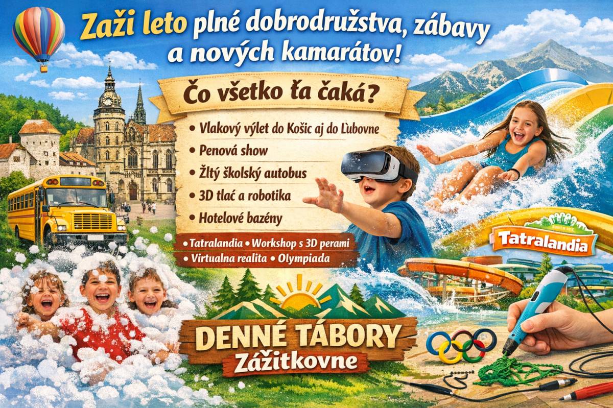 Milí rodičia, dávame Vám do pozornosti zážitkové denné letné tábory, ktoré sa konajú počas letných prázdnin v Poprade a niektoré turnusy v Starej Lesnej, Veľkom Slavkove, Smokovci a Vernári. Tábory organizuje Zážitkovňa spolu s Jazykovou školou TARGET.