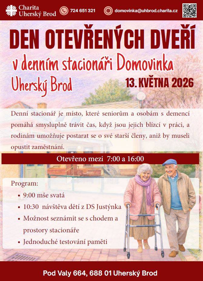 Charita Uh.Brod zve na Den otevřených dveří Denního stacionáře Domovinka. Domovinka je místem, kde můžou senioři trávit smysluplně čas během dne. Najdou zde společnost svých vrstevníků i podporu školeného personálu. Akce se koná příští středu 13. května v Uh Brodě. Více informací na webu Charity: