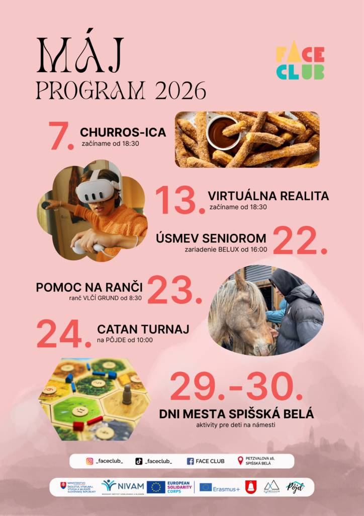Čaká nás mesiac plný zážitkov, zábavy aj spoločných momentov. Tešiť sa môžeš na churros večer 🍩, virtuálnu realitu 🥽, návštevu seniorov ❤️, pomoc na ranči 🐴 aj Catan turnaj 🎲...