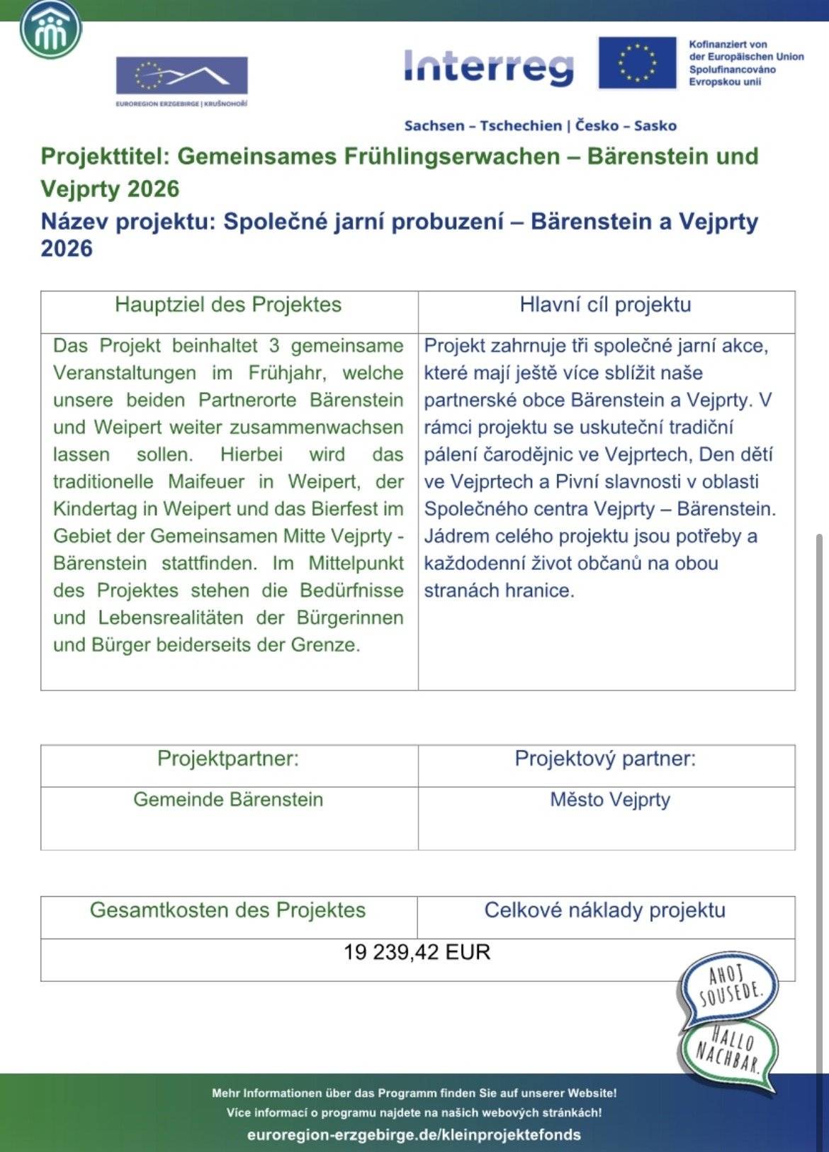Čarodějnice ve Vejprtech🧙🔥   Ve čtvrtek 30.4 v parku u malé školy, proběhla tradiční akce v rámci jarního projektu Vejprty – Bärenstein. Jednalo se o první akci v rámci projektu a dále proběhne: Dětský den v sobotu 30.5. na fotbalovém stadionu od 14.00 hod. Pivní slavnosti na Souměstí 13.6. od 14.00 hod.   Dovolte nám touto cestou poděkovat:   Městu Vejprty Restauraci kulturní dům za občerstvení a zajištění buřtů pro návštěvníky. Pauze na Čaj za program pro děti, ozvučení akce a krásnou čarodějnici od A. Šťastný. Autodoprava Jan Bittner, který připravil se svým synem parádní vatru.