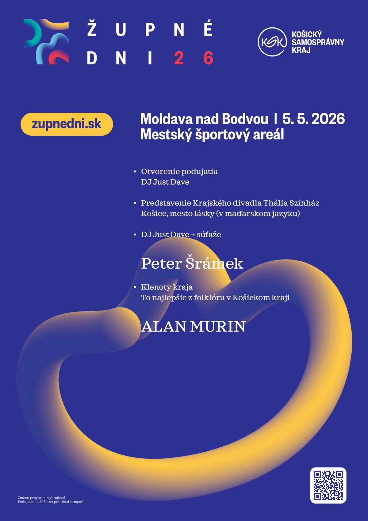 Pozývame vás na Župné dni Košického kraja - festival toho najlepšieho, čo v našich regiónoch máme. Pripravte sa na bohatý program plný zábavy. Otvárajte kalendáre a značte si. Mestský športový areál v Moldave nad Bodvou ožije už v utorok 5. mája od 14. hodiny. Vystúpi Alan Murin, Peter Šrámek a ďalší umelci. Predstavíme aj to najlepšie z tradičnej kultúry a remesiel. Nebudú chýbať tvorivé dielne, divadlá aj ukážky cestárskej techniky. Viac informácií na www.zupnednikosickehokraja.sk.       Meghívjuk Önöket a Kassai Megye Napjaira – arra a fesztiválra, amely régióink legjavát mutatja be. Gazdag, szórakoztató program várja Önöket. Nyissák meg a naptárukat, és jegyezzék fel az időpontot. A Szepsi városi sportpálya már május 5-én, kedden 14.00 órától megtelik élettel. Fellép Alan Murin, Peter Šrámek és számos további művész. Bemutatjuk a hagyományos kultúra és kézművesség legjavát is. Lesznek kreatív műhelyek, színházi előadások és az útfenntartó technika bemutatói is. További információk: www.zupnednikosickehokraja.sk