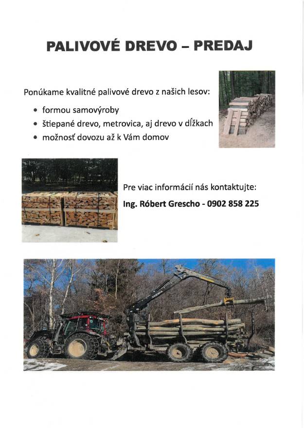Spoločnosť STELLES s.r.o.  SNP 12354 972 01 Bojnice, ponúka v našej obci na predaj palivové drevo