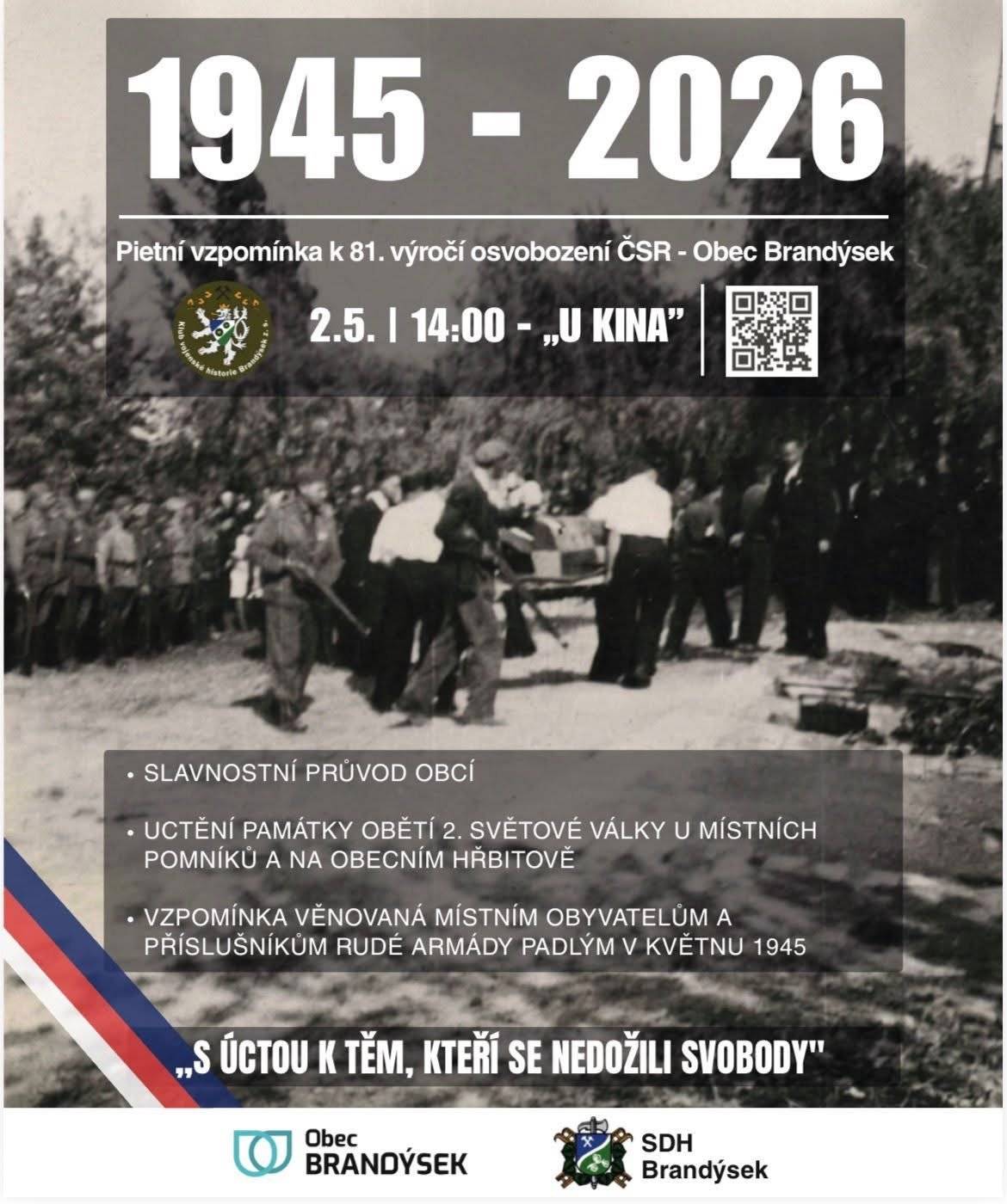 Dnes si společně připomeneme 81. výročí osvobození naší vlasti a uctíme památku všech, kteří se nedožili svobody. 🇨🇿 Srdečně vás zveme na pietní vzpomínku. Sejdeme se dnes ve 14:00 u Kina, odkud společně vyjdeme tradičním slavnostním průvodem obcí. Pietní akt proběhne na místním hřbitově u pomníku padlých. Společně vzdáme úctu občanům i vojákům, kteří v květnu roku 1945 položili své životy za naši svobodu. Budeme rádi, když se k nám připojíte.