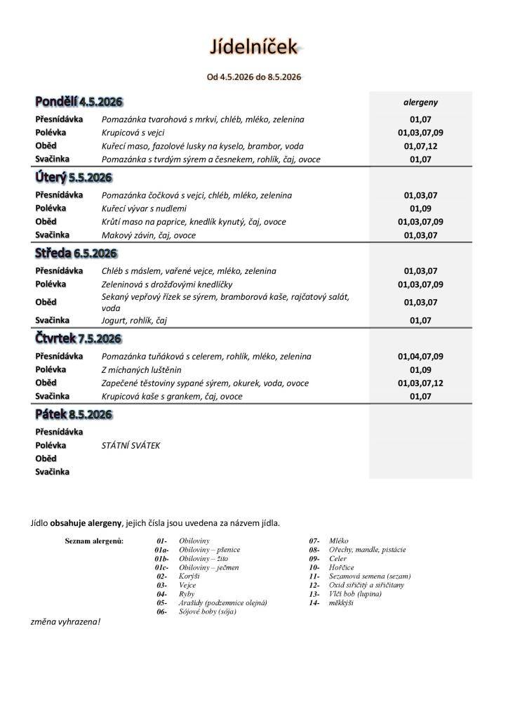 Jídelníček základní školy platný v týdnu od 4. do 8.5.2026