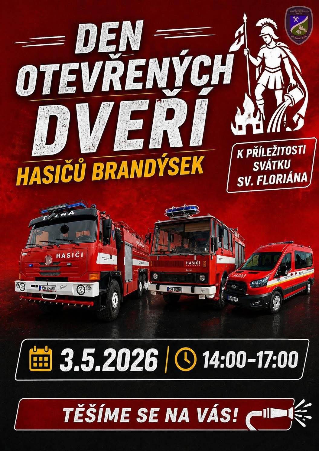 🚒 Srdečně vás zveme na Den otevřených dveří u našich hasičů. Přijďte se zítra podívat za členy naší jednotky, prohlédnout si hasičskou techniku, vybavení i zázemí a poznat práci těch, kteří jsou připraveni pomáhat ve dne i v noci. Čeká vás zajímavé odpoledne pro malé i velké. 📅 Neděle 3. 5. 2026 🕑 14:00–17:00 📍 Hasičská zbrojnice Brandýsek Přijďte podpořit naši jednotku a strávit příjemné odpoledne. Těšíme se na vás! 🚒
