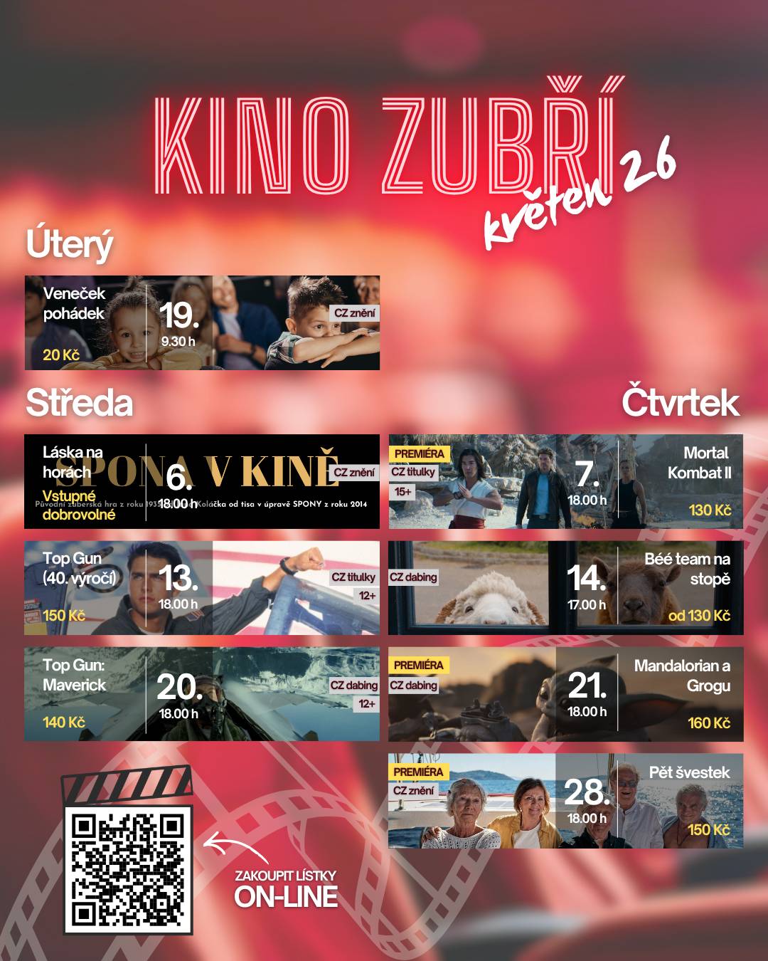 Kino Klub Zubří | květen 2026      Přinášíme vám přehled květnového promítání. Tentokrát promítací plátno spustíme celkem 8x, z toho jednou pro děti z mateřských škol. Těšit se můžete na 3 premiéry!     Ať už jste fanouškem komedií, sci-fi či dobrodružných filmů, věříme, že si najdete to své!     Vstupenky je možné zakoupit na webu města Zubří www.mesto-zubri.cz/kalendar-akci nebo na místě před začátkem promítání.