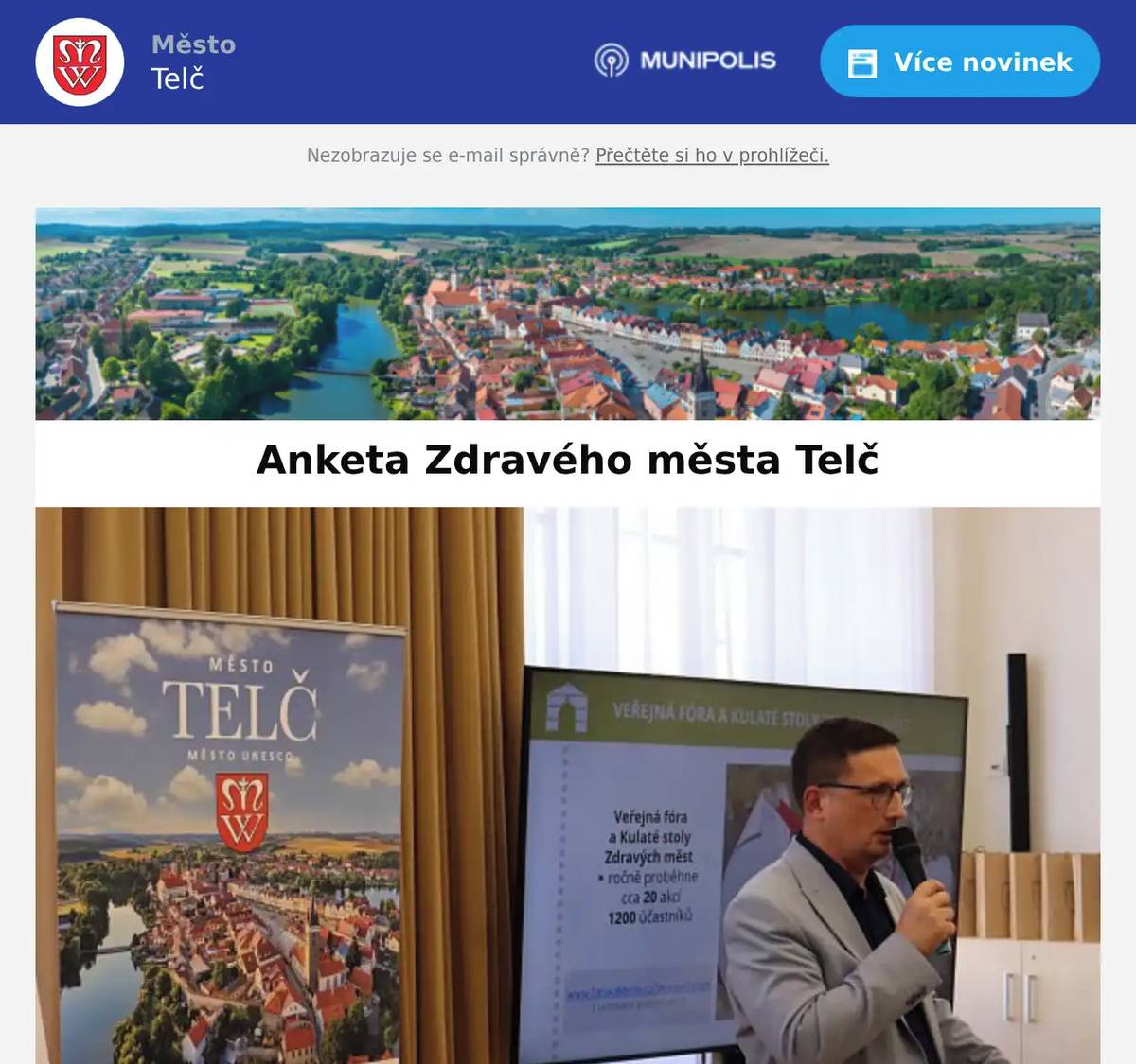 Ve středu 22. dubna proběhlo 2. veřejné fórum Zdravého města Telč, kde měli občané možnost diskutovat o tom, co naše město trápí. Zazněla zde řada podnětů a nápadů, které mohou ovlivnit další rozvoj našeho města. Nyní je můžete podpořit i vy v navazující anketě. 👉 Vyplnění ankety vám zabere jen pár minut:https://www.munipolis.cz/app/anketa/otazky/1EAiTBAO  Děkujeme, že se podílíte na rozvoji našeho města. 💛
