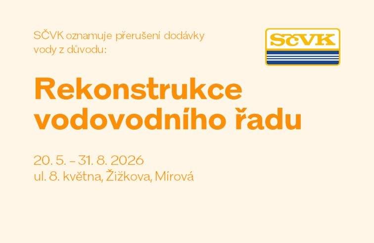 SČVK: Rekonstrukce vodovodního řadu Po dobu rekonstrukce bude docházet k postupným, etapovým odstávkám vody. Délka jednotlivých odstávek zatím není upřesněna. Kdy? 20. 5. - 31. 8. 2026 Kde? ul. Mírová, Žižkova, 8. května  Jak budete informováni? O jednotlivých odstávkách vás budeme informovat vždy s 5-denním předstihem, dle informací SČVK, prostřednictvím:  sociálních sítí města webu města Munipolisu  Doporučujeme také registraci u SČVK, díky které vám upozornění mohou chodit přímo na SMS nebo e-mail. https://www.scvk.cz/zakaznicky-servis/sms-info/ Děkujeme za pochopení.
