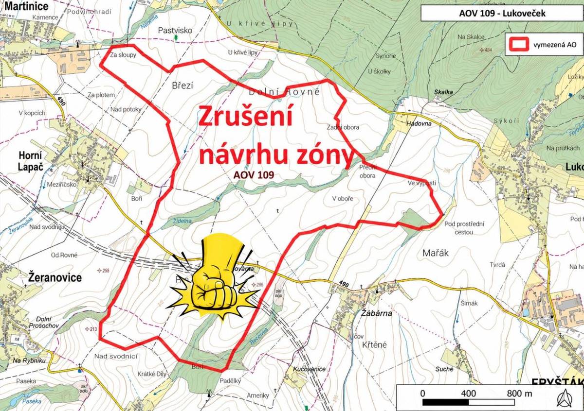 Požadavek na zrušení plánované zóny AOV109 Lukoveček, odmítnutí zastupitelstvem obce Lukoveček