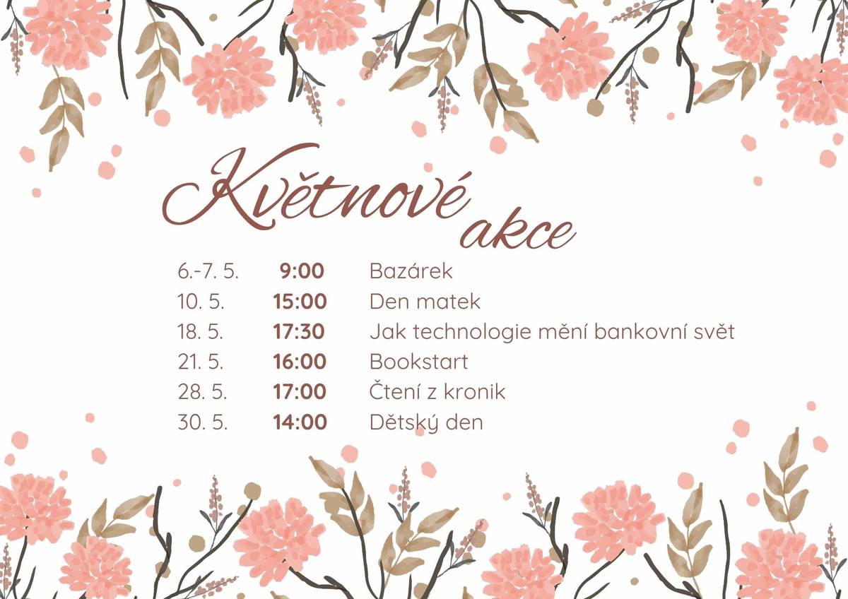 🌸 Květnové akce v Kopidlně 🌸 Během května vás v Kopidlně čeká několik příjemných akcí pro malé i velké. Přijďte si užít společné chvíle a pohodovou atmosféru. Těšit se můžete na bazárek, setkání ke Dni matek, přednášku, program pro děti i čtení z kronik. Na závěr měsíce proběhne Dětský den. Těšíme se na vás.