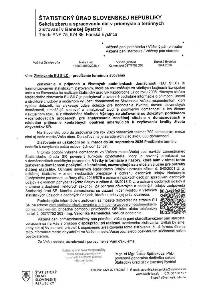 Zisťovanie EU SILC - predĺženie termínu zisťovania