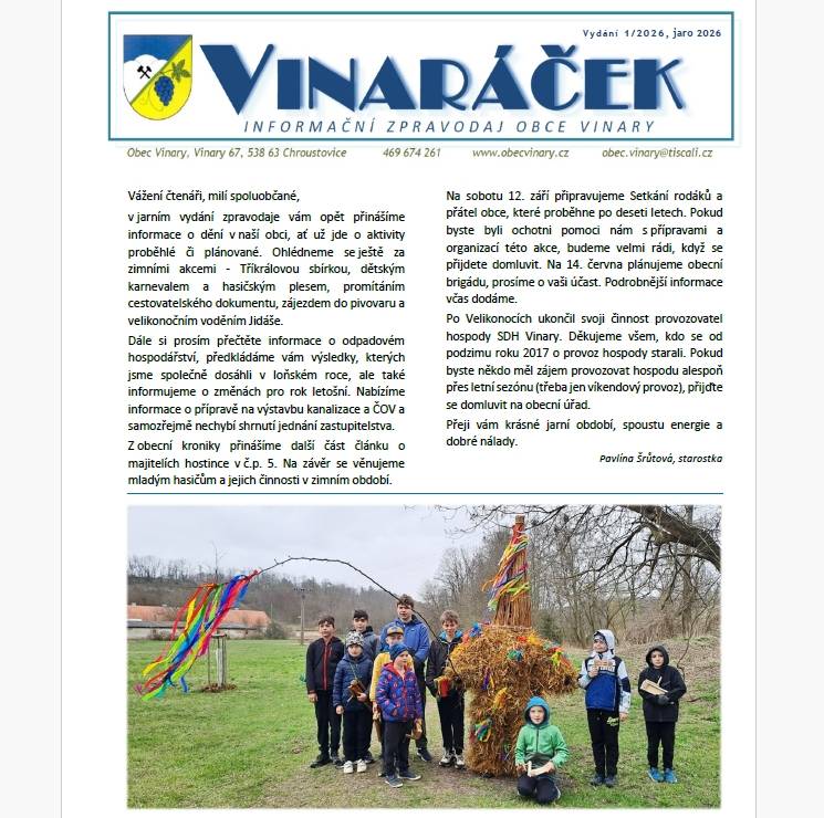 Přinášíme vám jarní vydání obecního zpravodaje Vinaráček.