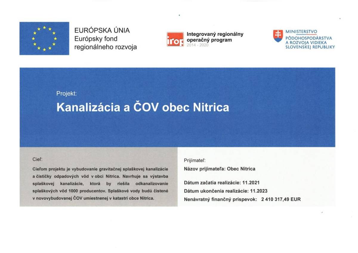Názov projektu: Kanalizácia a ČOV obce Nitrica  Projekt je spolufinancovaný Európskou úniou.