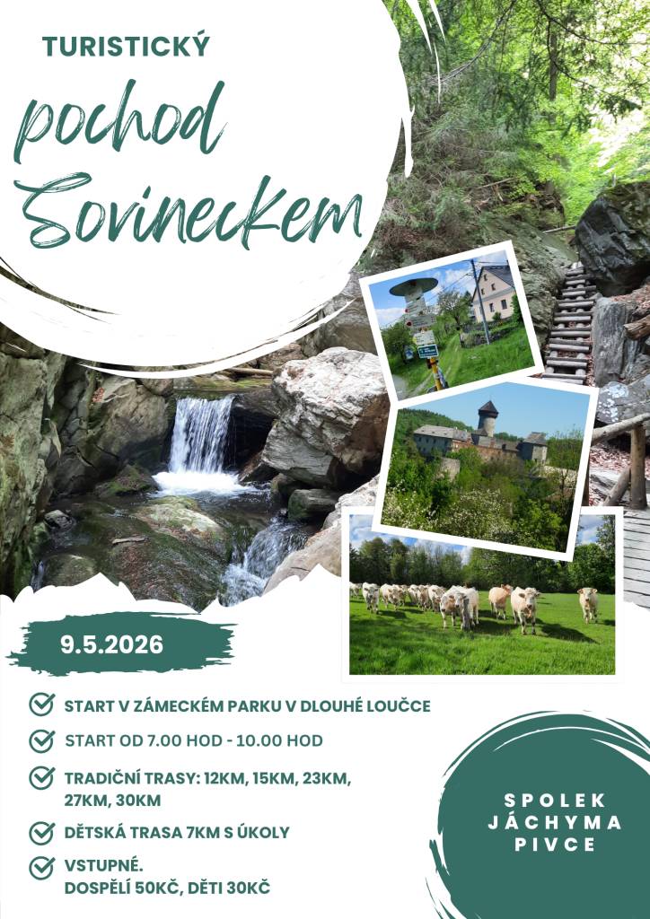 Přijďte si užít pochod, který se uskuteční 9.5.2026 v Dlouhé Loučce. Start akce je naplánován od 7:00 do 10:00 hodin. Můžete si vybrat z různých tras – 12 km, 15 km, 23 km, 27 km a 30 km. Pro  je připravena trasa dlouhá 7 km, která zahrnuje různé úkoly. Vstupné je 50 Kč pro dospělé a 30 Kč pro děti.