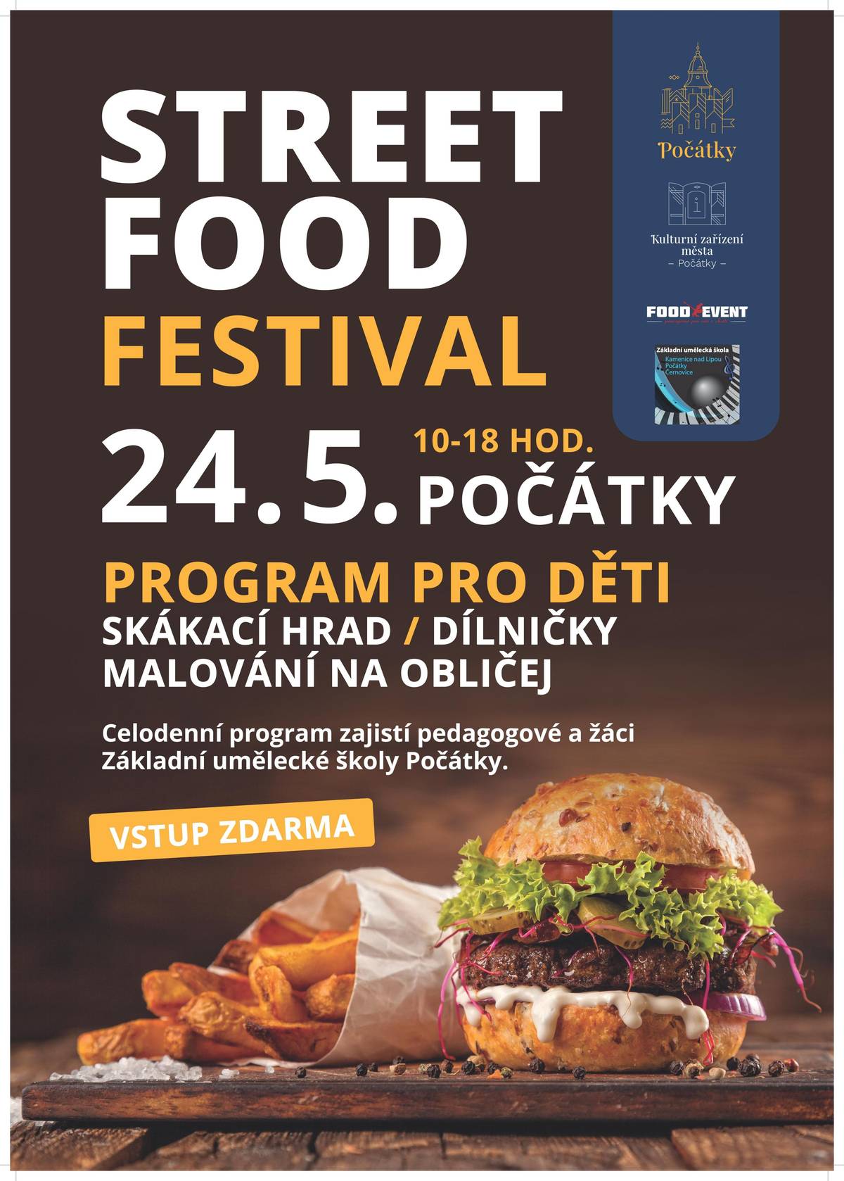 V neděli 24. května 2026 se Palackého náměstí promění v pestré gastronomické centrum plné vůní, chutí a jarní atmosféry.  Druhý ročník festivalu nabídne návštěvníkům bohatý výběr street food specialit, osvěžující nápoje i doprovodný program pro děti i dospělé. Po úspěšném prvním ročníku se festival vrací a znovu přináší skvělou kombinaci chutí z celého světa a pohodové atmosféry.  Návštěvníci si mohou vychutnat šťavnaté burgery, hotdogy, tortilly i trhané maso podávané v bagetě, tortille nebo s křupavými hranolky. Chybět nebudou ani speciality z vepřového masa či oblíbené klasiky. Milovníci mezinárodní kuchyně se mohou těšit na mexické, peruánské a indonéské speciality, africké dobroty i pestrou asijskou kuchyni. Pro odvážné gurmány bude připravena i netradiční pochoutka – sušení červíci, stejně jako chilli produkty, sušené maso a další pikantní delikatesy. Sladké zážitky doplní španělské churros, palačinky, holandské lívanečky nebo americké donuty. Nebude chybět ani kuličková zmrzlina nebo oblíbené slané karamely.  Osvěžení nabídnou domácí limonády, čepovaný Gingerrr v alko i nealko variantě, pivo, míchané nápoje i kvalitní káva z mobilní kavárny. Festival myslí také na rodiny s dětmi. Připraven bude doprovodný program, který zahrnuje skákací hrad, malování na obličej a dětské tetování, balonky, fotokoutek či dílnička pro děti. Barevné stánky, vůně grilu a koření, příjemná hudba a pohodová atmosféra vytvoří ideální prostředí pro setkání s rodinou i přáteli.  Street Food Festival Počátky 2026 je skvělou příležitostí užít si jarní den v centru města. Kdy: neděle 24. května 2026 Čas: 10:00 - 18:00 hod. Kde: Palackého náměstí, Počátky Vstup: zdarma