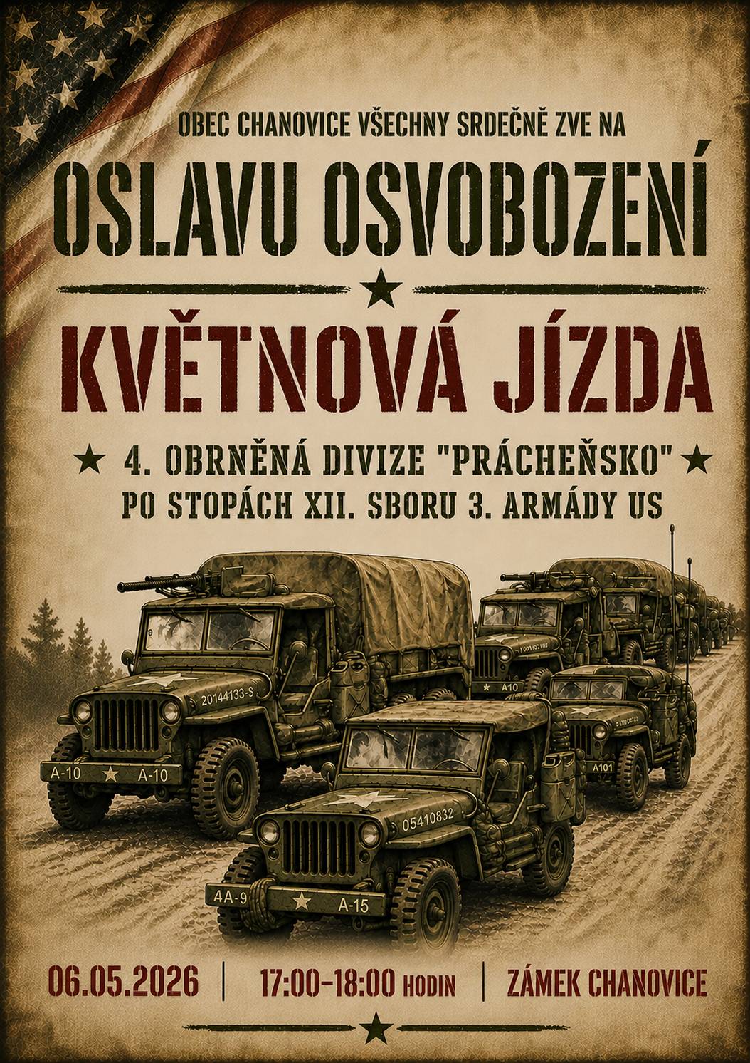 Dobrý den, i letos k nám zamíří vojenská technika v rámci oslav osvobození.  Květnová jízda dorazí do Chanovic, do zámeckého areálu a bude k vidění v čase mezi 17.00 a 18.00 hodinou! Přijďte se podívat a přivítat naše "osvoboditele"!