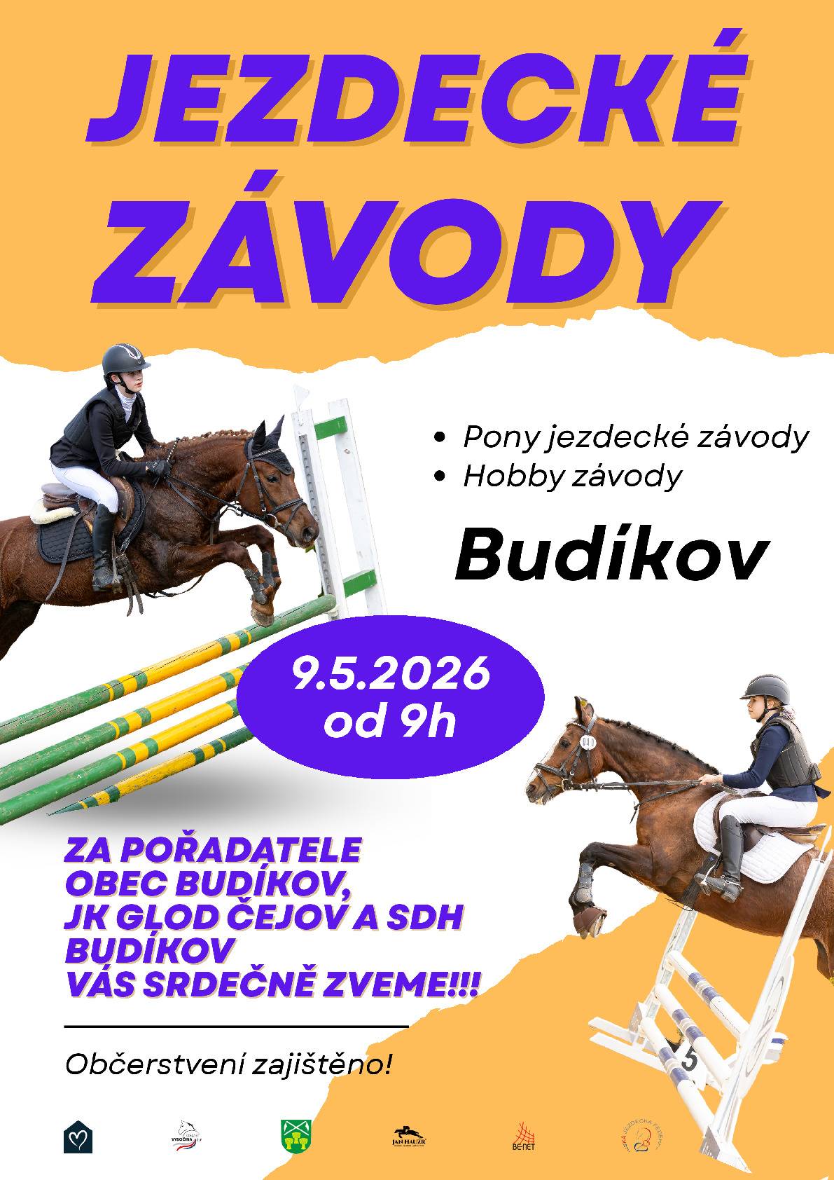 Pozvánka na jezdecké závody v Budíkově 9.5.2026 od 9:00 hod. na Příhoně.