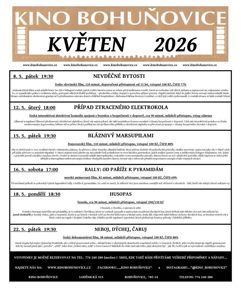 Kino Bohuňovice zve na pestrý květnový program plný filmových zážitků a vzdělávacích akcí.