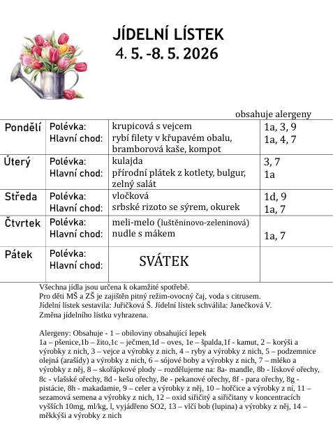 Jídelní lístek od 4.5. do 8.5.2026