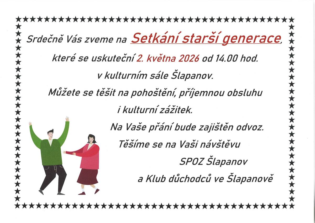 Jako každý rok jsme pro Vás připravili setkání starší generace, které se uskuteční tuto sobotu 2.5.2026 od 14,00 hod. Bude zajištěno občerstvení i hudba. Nezapomeňte si dobrou náladu, přípravy jsou již v plném proudu.