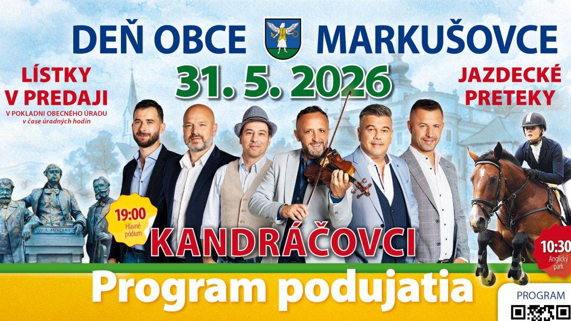 Obec Markušovce predstavuje kompletný program podujatia Deň obce Markušovce 2026, ktoré sa uskutoční v nedeľu 31. mája 2026.