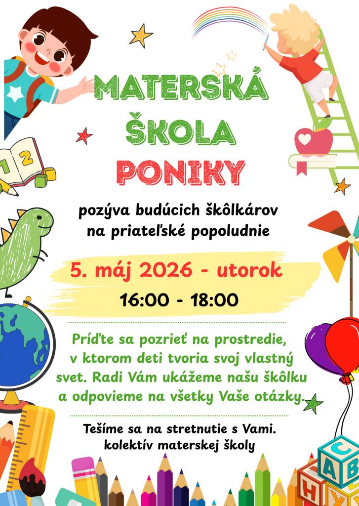 Príďte sa pozrieť na prostredie v ktorom si deti tvoria  svoj vlastný svet. Radi Vám ukážeme našu škôlku a odpovieme na všetky Vaše otázky