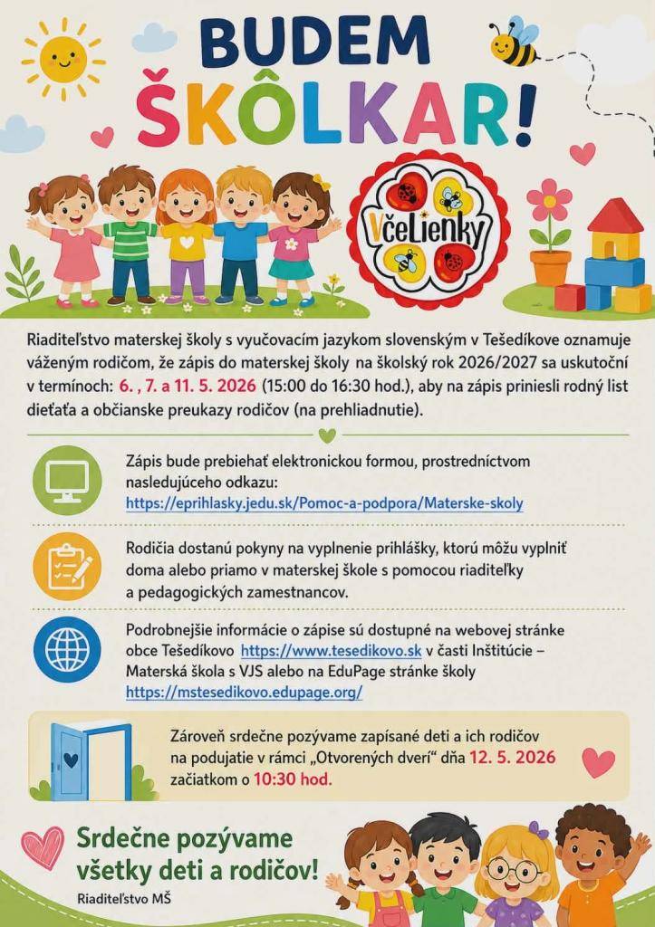 Zápis detí do Materskej školy v Tešedíkove na školský rok 2026/27