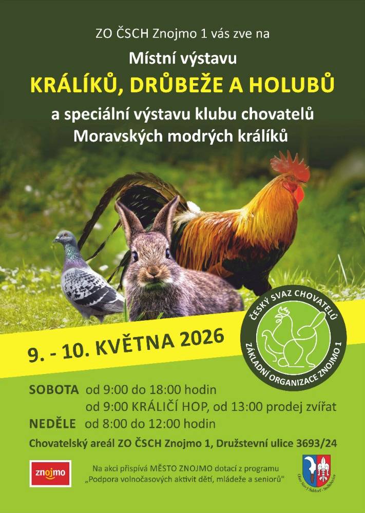 Obec ČSCH Znojmo 1 vás srdečně zve na místní výstavu, která představí speciální výstavu klubu chovatelů Moravských modrých králíků. Tato akce nabízí příležitost setkat se s chovateli a prohlédnout si různá plemena.