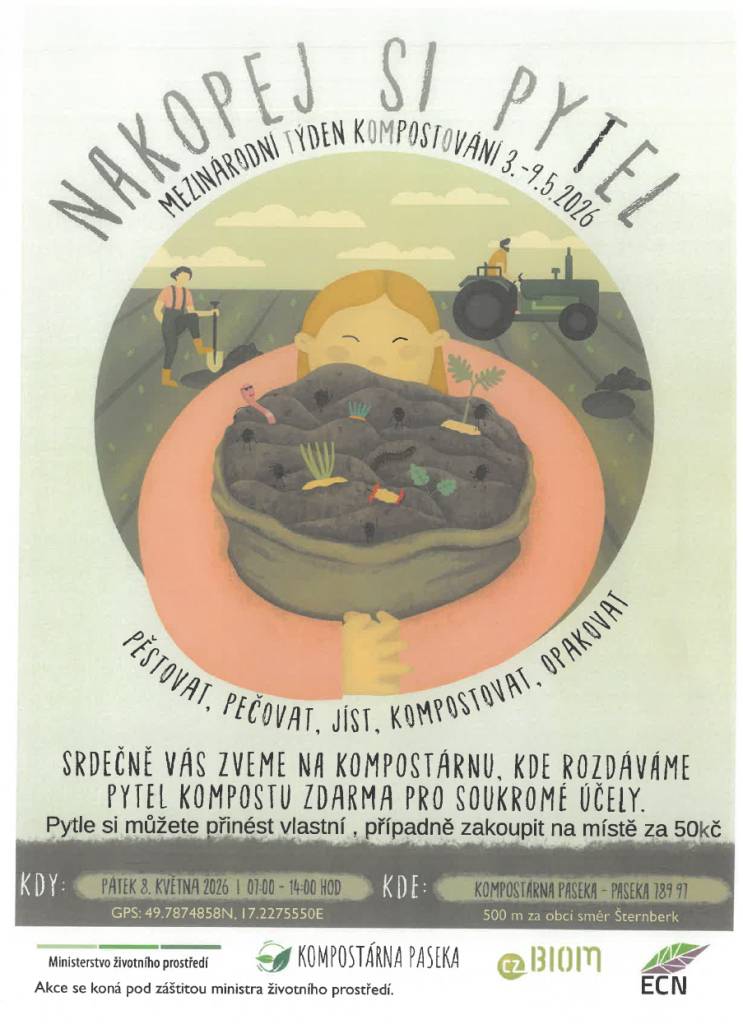 Srdečně vás zveme na kompostárnu, kde rozdáváme pytel kompostu zdarma pro soukromé účely. Pytle si můžete přinést vlastní, případně zakoupit na místě za 50 Kč.