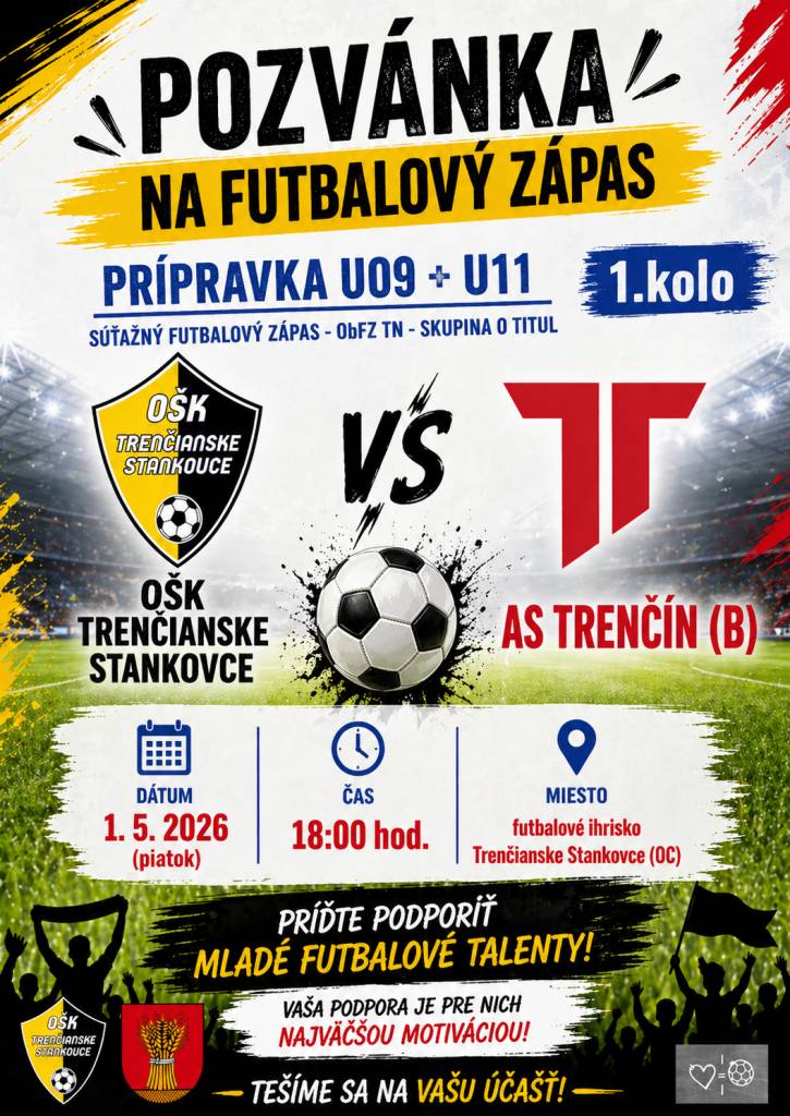 Srdečne vás pozývame na súťažný futbalový zápas prípravky U09 a U11 v rámci ObFZ TN. Príďte podporiť mladé futbalové talenty a zažiť skvelú atmosféru.