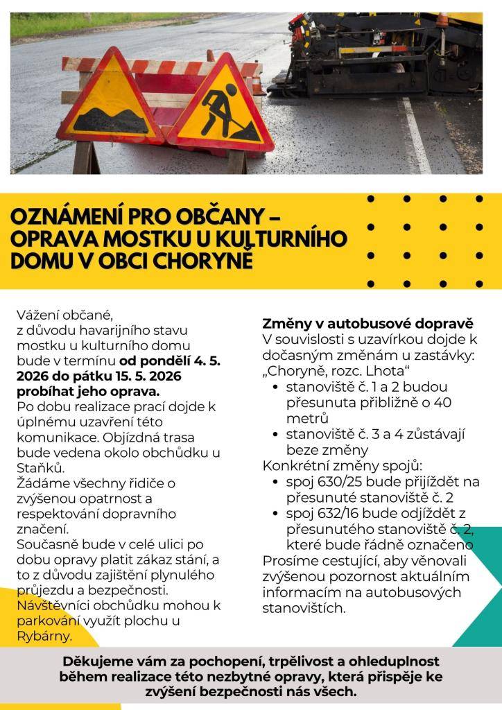 Oznámení pro občany - oprava mostku u kulturního domu v obci Choryně.  Konkrétní změny autobusových spojů:  spoj 630/25 bude přijíždět na přesunuté stanoviště č. 2  spoj 632/16 bude odjíždět z přesunutého stanoviště č. 2, které bude řádně označeno