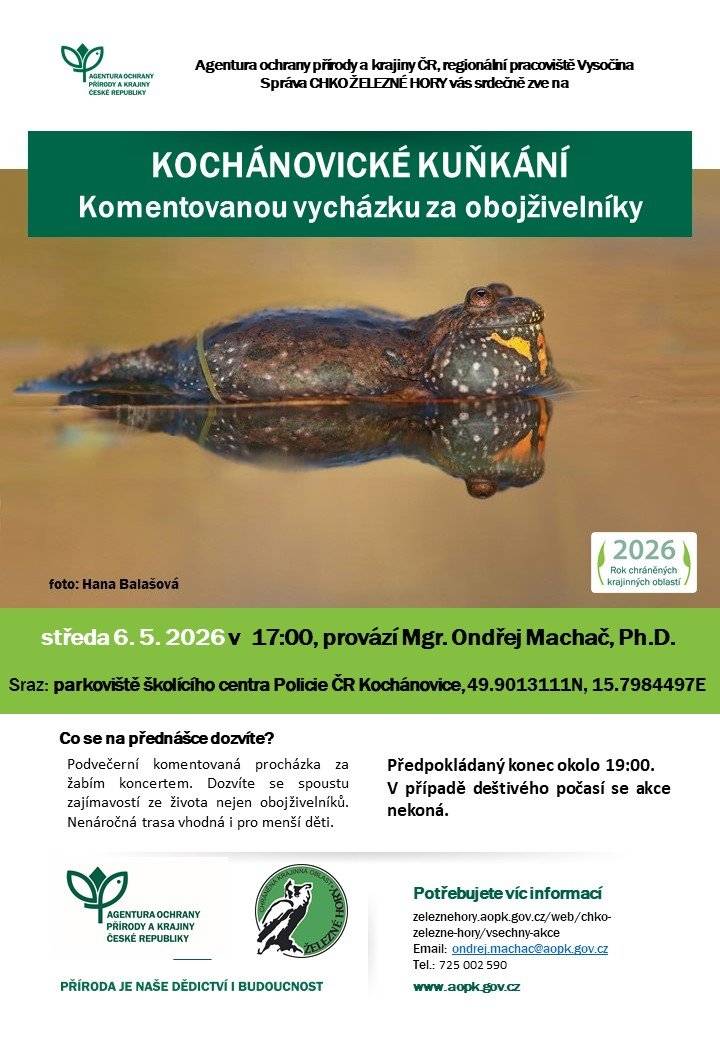 Správa CHKO Železné hory zve ve středu 6.5. v 17.00 hodin na komentovanou vycházku za obojživelníky, provází Mgr. Ondřej Machač, Ph.D. Sraz na parkovišti školícího centra Policie ČR Kochánovice. Nenáročná procházka je vhodná i pro menší děti, ukončení okolo 19.00.  V případě deštivého počasí se akce nekoná.