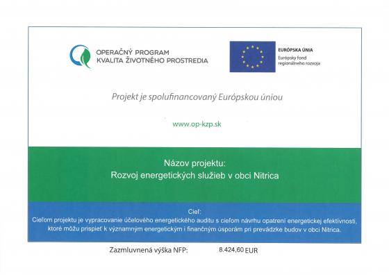 Názov projektu: Rozvoj energetických služieb v obci Nitrica   Projekt je spolufinancovaný Európskou úniou  Výška finančnej podpory: 8 424,60 €.