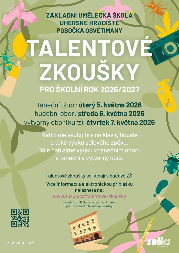 Pozvánka na Talentové zkoušky Základní umělecké školy UH. Hradiště - pobočka Osvětimany