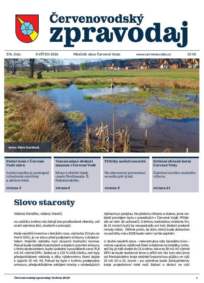 Přináší vám čerstvé informace z dění v obci, přehled připravovaných akcí i ohlédnutí za tím, co se u nás v poslední době událo. Nechybí ani zajímavosti a praktické zprávy z každodenního života v Červené Vodě. Tištěnou verzi najdete jako obvykle v místních prodejnách. Online verze je zdarma k dispozici na webu obce: 👉 https://www.cervenavoda.cz/cervenovodsky-zpravodaj Přejeme vám příjemné čtení a krásné májové dny!