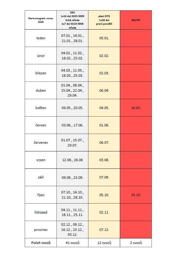 Harmonogram svozu odpadu naleznete v příloze. Děkujeme Vám, že třídíte odpad!