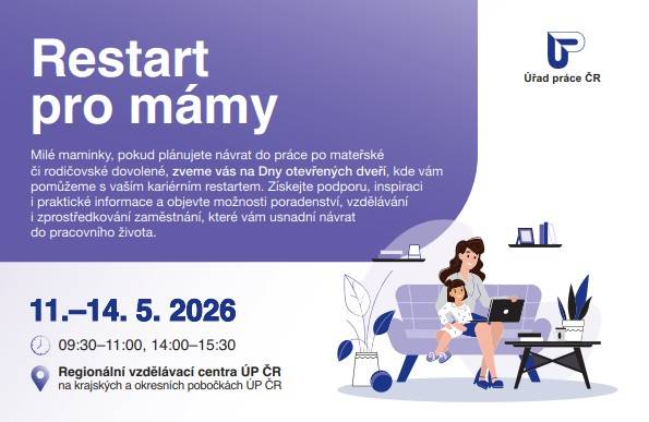 Akce Úřadu práce ČR změřená na podporu žen vracejících se z mateřské a rodičovské dovolené zpět na trh práce se uskuteční ve dnech 11. 5. 2026 a 13. 5. 2026.