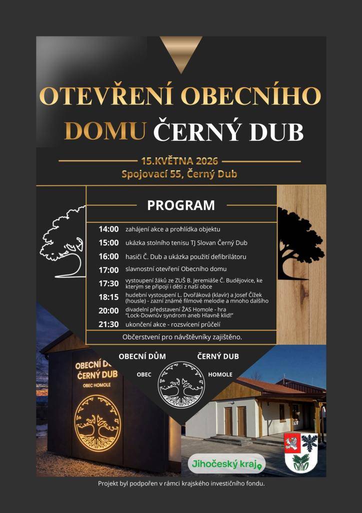 Zveme Vás na otevření Obecního domu v Černém Dubu 15. 5. 2026. (podrobnosti na přiloženém letáku)