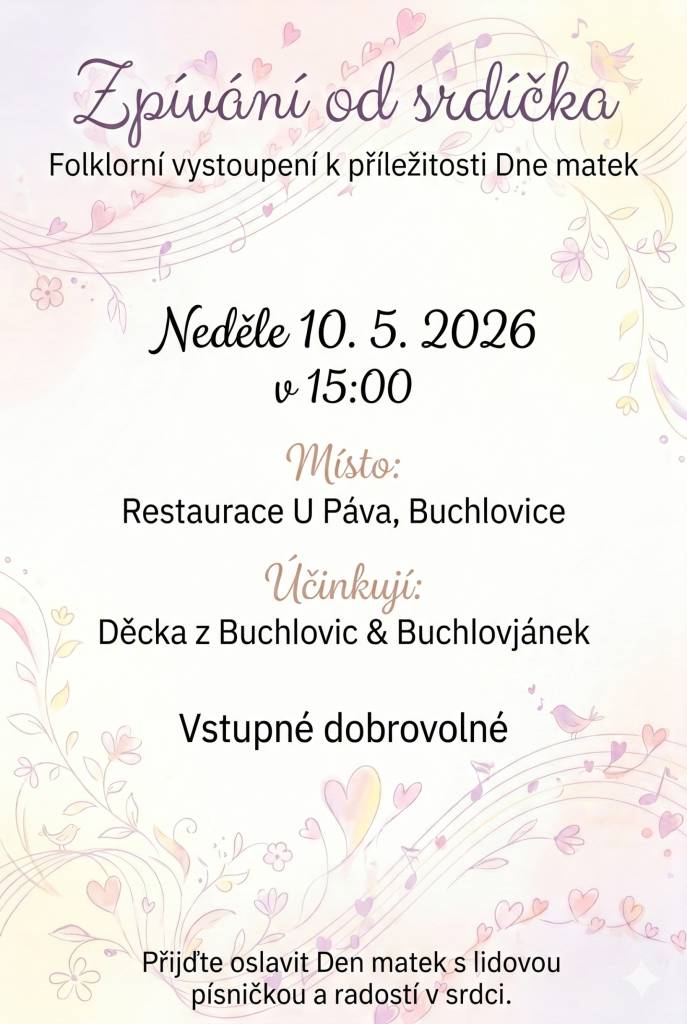- v neděli 10.5.2026 od 15 h Restaurace U Páva