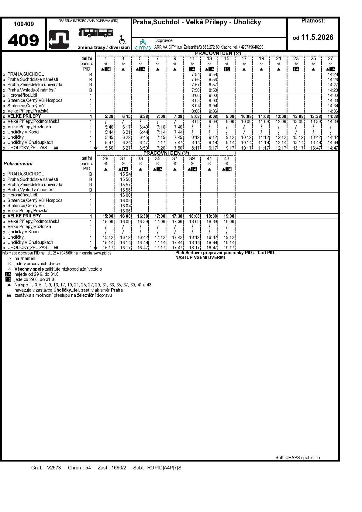 Z důvodu opravy komunikace od rozcestí na Chlumci směrem na V. Přílepy dojde od 11.5. do 21.6. 26 k změně trasy linky 409. Spoj přijede spodem a nabere cestující k vlaku na návsi. Trasa linky 350 zůstává beze změny.